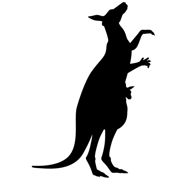Silhouette of a kangaroo-like animal reaching tall with a joey in its pouch. 