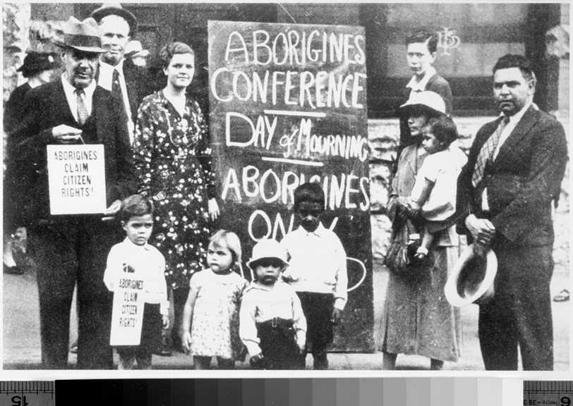 William Ferguson, Jack Kinchela, Helen Grosvenor, Selma Patten, John Patten and the Patten children at the Day of Mourning, Sydney 1938