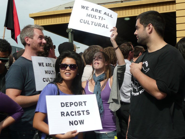 Anti-racism protests, outside Flinders Street Station, Melbourne, 2010. 