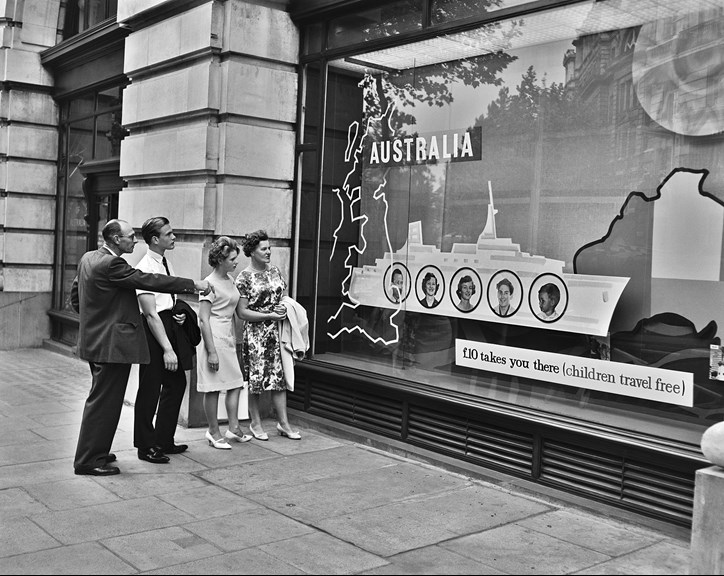 Window display at Australia House promoting ten pound passages to Australia, London, 1962.