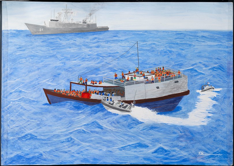 Painting depicting the boarding by Australian navy of the boat Olong (SIEV IV) carrying asylum seekers from Indonesia, which sank shortly afterwards (no known casualties), 2001 