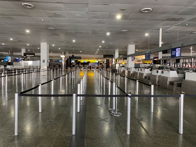 Empty departures hall at Melbourne International Airport, Tullamarine, May 2020. 