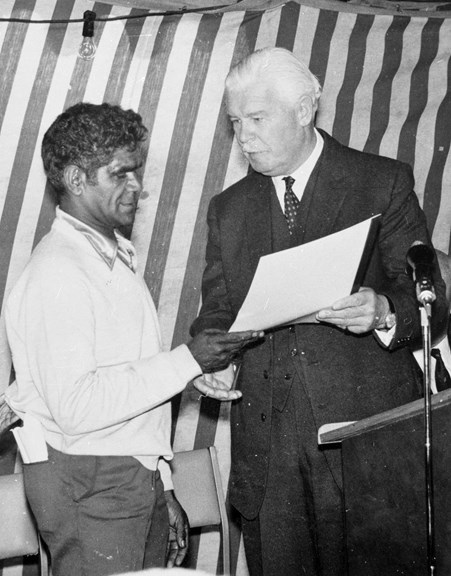 Charlie Carter receives Lake Tyers land title from Victorian Governor Sir Rohan Delacombe, Lake Tyers, 1971. 