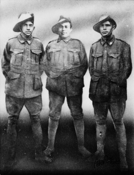 Jim Wandin, Alf Davis and Henry Ingram, soldiers who served in World War I but are ineligible for soldier settlement land in Victoria due to their First Peoples’ heritage