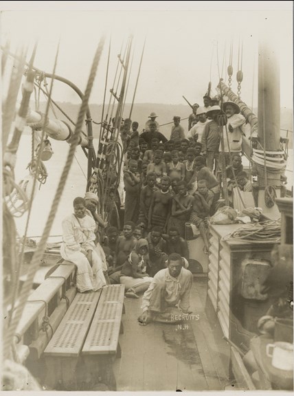 Pacific Islanders onboard a ship being taken to Australia as bonded labourers, about 1890.