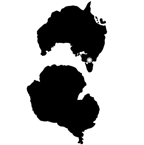 Map of the Australian continent and Antarctica, recently detached from each other, with a new sea between them. Tasmania is still connected to the mainland.   