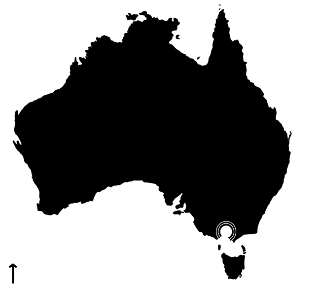 Map of the Australian continent showing the location of the garden. An arrow next to the map points north. 