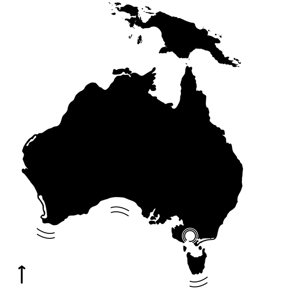 Map of the Australian continent, with motion lines indicating northward movement towards New Guinea.   