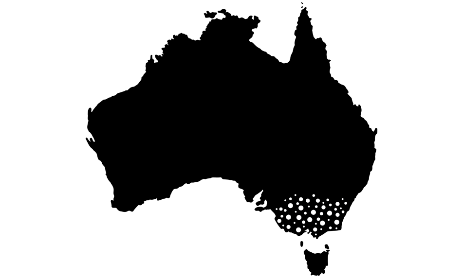 Map of Australian continent with dots spread out across Southeast Australia.  