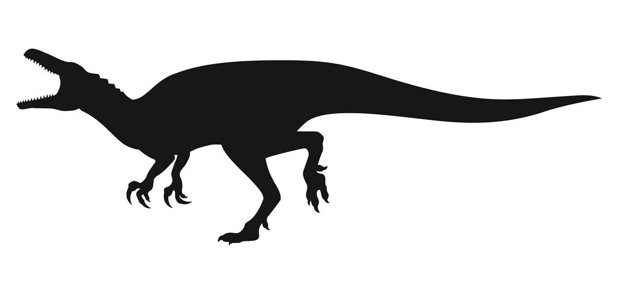 Silhouette of a large and agile dinosaur running on two legs, with a mouth full of sharp bared teeth and two arms that end in powerful curved claws. 