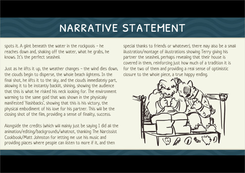 This folio page details Evie Taylor-Constable’s narrative statement for her Media Film project ‘Beachcomber Blues’. The narrative statement includes Evie’s intention, audience and narrative for her film.