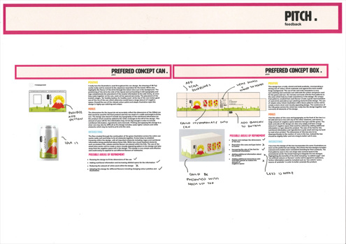 This folio page depicts Emily Knight’s pitch feedback for her Visual Communication Design presentation ‘KENKŌ’. The page includes evaluation of two preferred design concepts.
