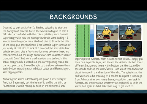 This folio page details Evie Taylor-Constable’s application of different backgrounds to communicate the mood of a particular scene in her Media Film work ‘Beachcomber Blues’.
