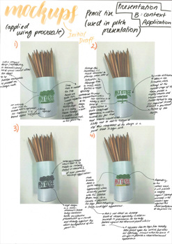 This folio page depicts Felice Todd’s annotated design mock ups for her Visual Communication Design presentation ‘Artystree Art and Supply Brand’. The page demonstrates Felice’s testing of concepts and their suitability relevant to the brief.