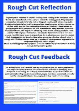 This folio page documents Lachlan Whatman’s ‘Rough Cut Reflection’ and ‘Rough Cut Feedback’ for his Media Audio work ‘Legend of the Chosen One’. 