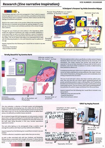 This folio page shows Emily Widjaja’s research into zine narratives. It documents and evaluates three narrative approaches in different zine designs.
