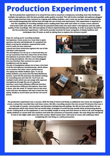 This folio page details Lachlan Whatman’s production experiment and evaluation of recording audio with multiple microphones. Lachlan documents this with images of the recording set up and a written analysis of the process undertaken.