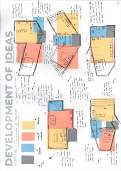 This folio page depicts annotated visualisation drawings of William May’s ideas for his Visual Communication Design presentation ‘CANVAS pod’.