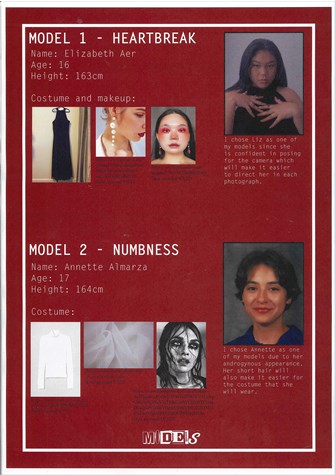 This folio page details Callista Kosasih’s pre-production selection of models for her Media Photography project. Callista has annotated her reasons for selecting each model.
