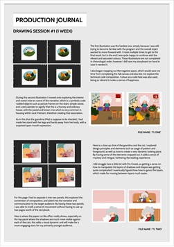 This folio page shows Megan Tran’s ‘Production Journal’ for her Media Print work ‘One Day with Grandma’. The page documents Megan’s drawing sessions as she develops her illustrations for the picture book.