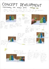 This folio page depicts Aidan Maher’s annotated concept development for his Visual Communication Design presentation ‘Urban Fringe’. The page demonstrates his design process and design thinking.