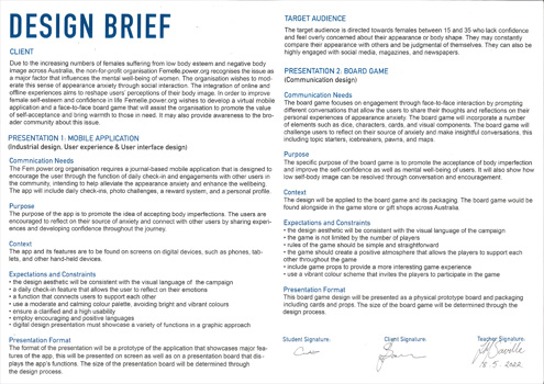 This folio page demonstrates the Candice (Tangtang) Sun’s design brief. The brief outlines the client, target audience, purpose, context, constraints, and expectations.