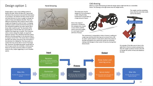 This folio page details annotated drawings that Luke Tan has used in researching, devising, designing and modelling design options for his Systems Engineering work ‘Self-balancing Motorbike’.