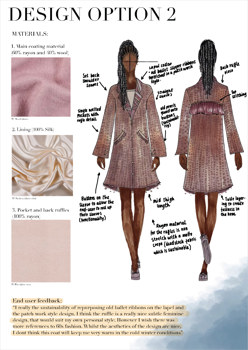 A folio page showing Design Option 2, detailing materials, design drawings, and end-user feedback.