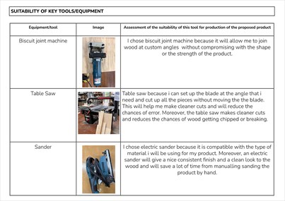 Two folio pages detailing testing & trial processes and the suitability of key tools and equipment.