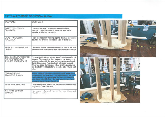 A folio page showing a production record and journal, with photos of showing the progress of furniture fabrication.
