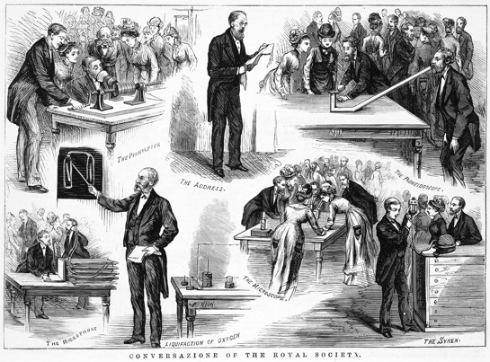 Depictions of events at the Royal Society of Victoria, including an address by Professor Ellery, the Government Astronomer, and demonstrations of recent inventions