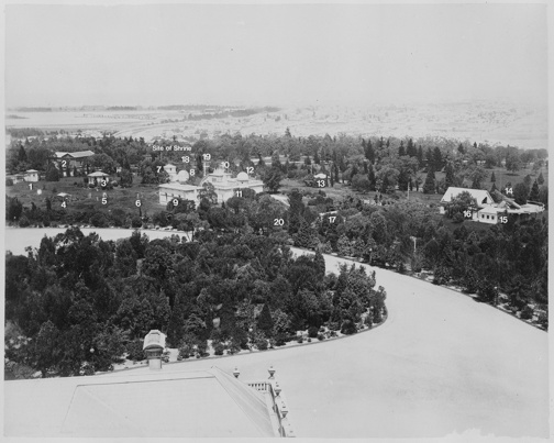 Aerial view of Melbourne Observatory, 1880s. Main observatory buildings centre, Great Melbourne Telescope on the right