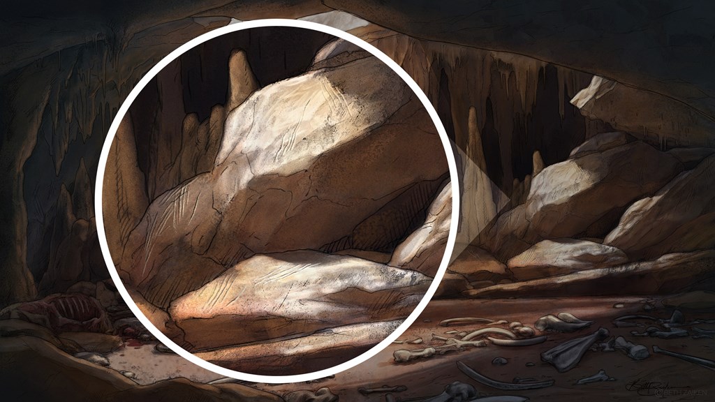 The same cave image as the previous page, with the scratches on the wall highlighted.