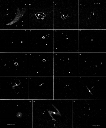 Black and white lithographic print on paper. The composition is divided by a white grid to depict 19 separate images of nebulae numbered 67 to 85, with compass points and printed text