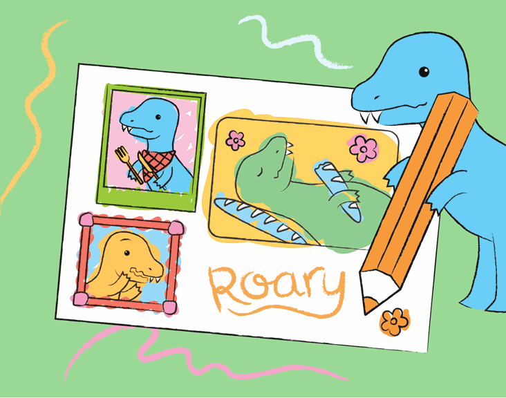 Roary the T-rex writing his name with a giant pencil on a page with pictures of dinosaurs on it