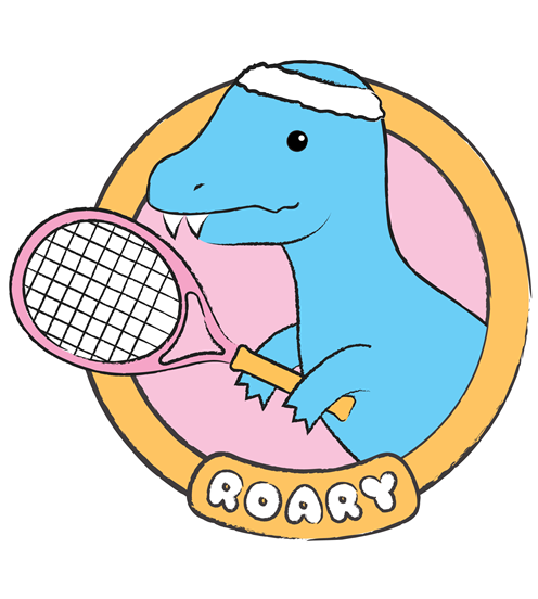 Roary the T-rex with a tennis racket and sweat band.