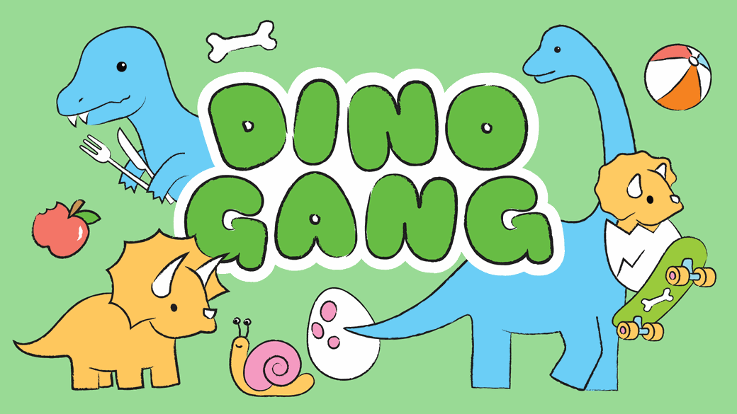 A range of dinosaurs having fun, including a triceratops in an egg on a skateboard, are arranged around the title Dino Gang. 