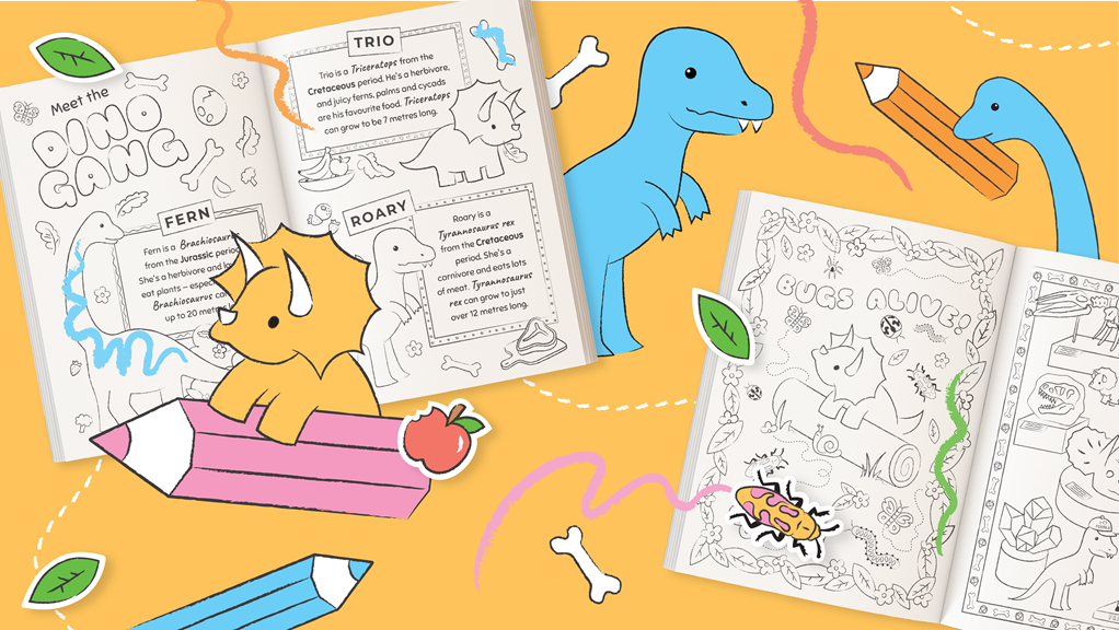 Two open dinosaur colouring books surrounded by dinosaurs.