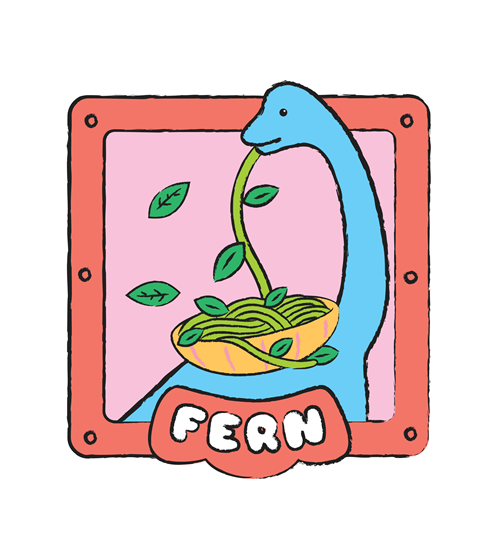 Fern the brontosaurus eating vines from a bowl like it's spagetti.