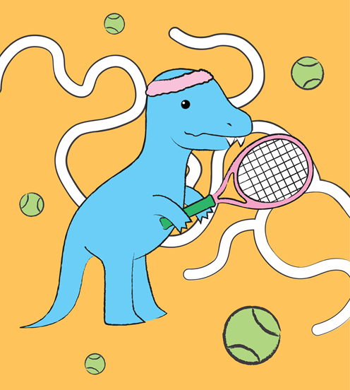 A T-rex with a tennis racket and sweatband Infront of a maze.