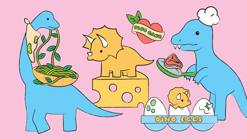 A heart reads Dino gang and eggs titled Dino Eggs are surrounded by dinosaurs that are eating and cooking.
