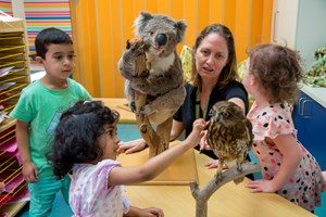 Alex Price, showing kindergarten children a koala and owl specimen during the 'Australian Animals' outreach program.
