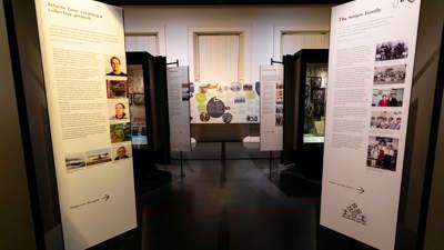 View of the Voices Across Time exhibition at Immigration Museum, showing redeveloped Timeline graphic