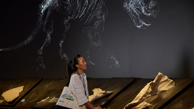 A woman using interactive displays in the triceratops exhibition at Melbourne Museum