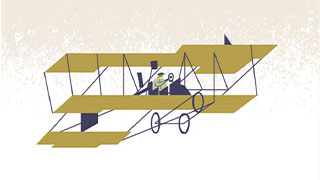 An illustration of John Duigan in his biplane flying through the air in Australia’s first aeroplane, the Duigan Biplane