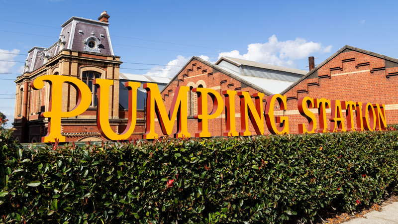 Pumping Station sign and building façade.