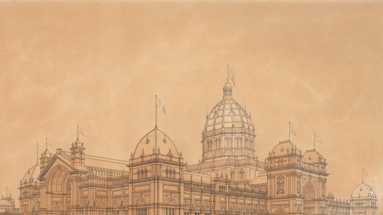 A water colour painting  and artist impression of the Royal Exhibition Building from 1880