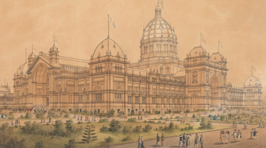 A water colour painting  and artist impression of the Royal Exhibition Building from 1880