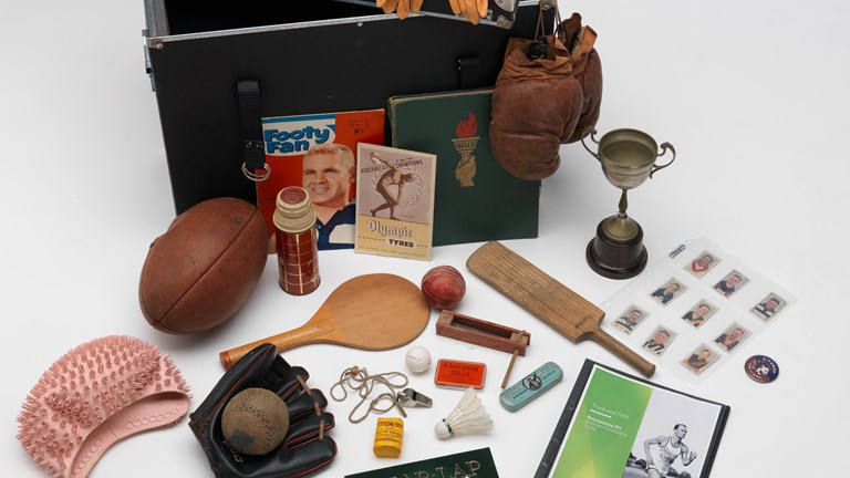 Various objects and props from Track and field reminiscing kit used in outreach program