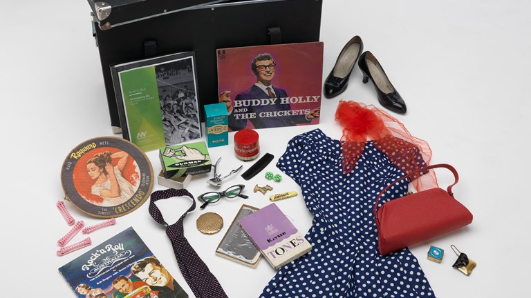 Various objects and props from Rock ‘n’ roll reminiscing kit used in outreach program
